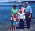Becky with kids, Mike's mother and father Jim, Orcas Island July 1979