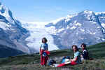 Becky with kids across from Athabasca Glacier in Jasper NP August 1984