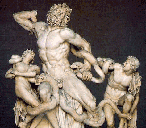 The divine punishment of Laocoön and his sons by two serpents, c. 2nd Century BC.  Image modified by MCM from image scanned by Mark Harden at http://www.artchive.com/