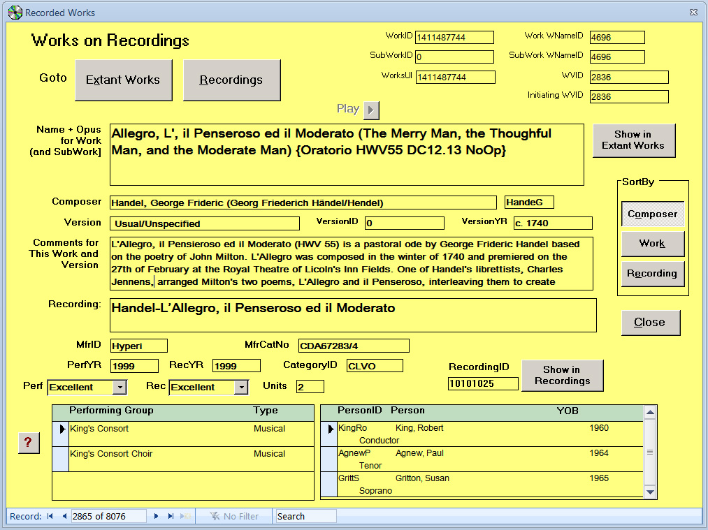 Screen shot of Works on Recordings Form