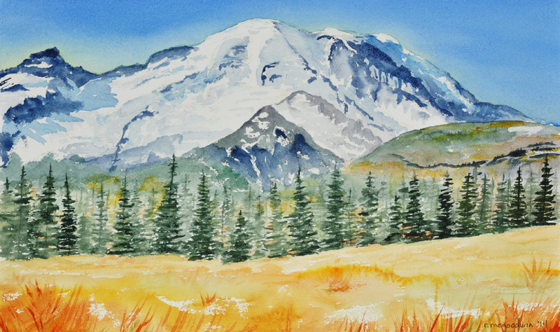 Sunrise in Mt. Rainier NP in Fall, 2014, original watercolor by Rebecca C. McGoodwin, after photo by Michael McGoodwin, 36.5x26.5cm, signed, retouched for scale